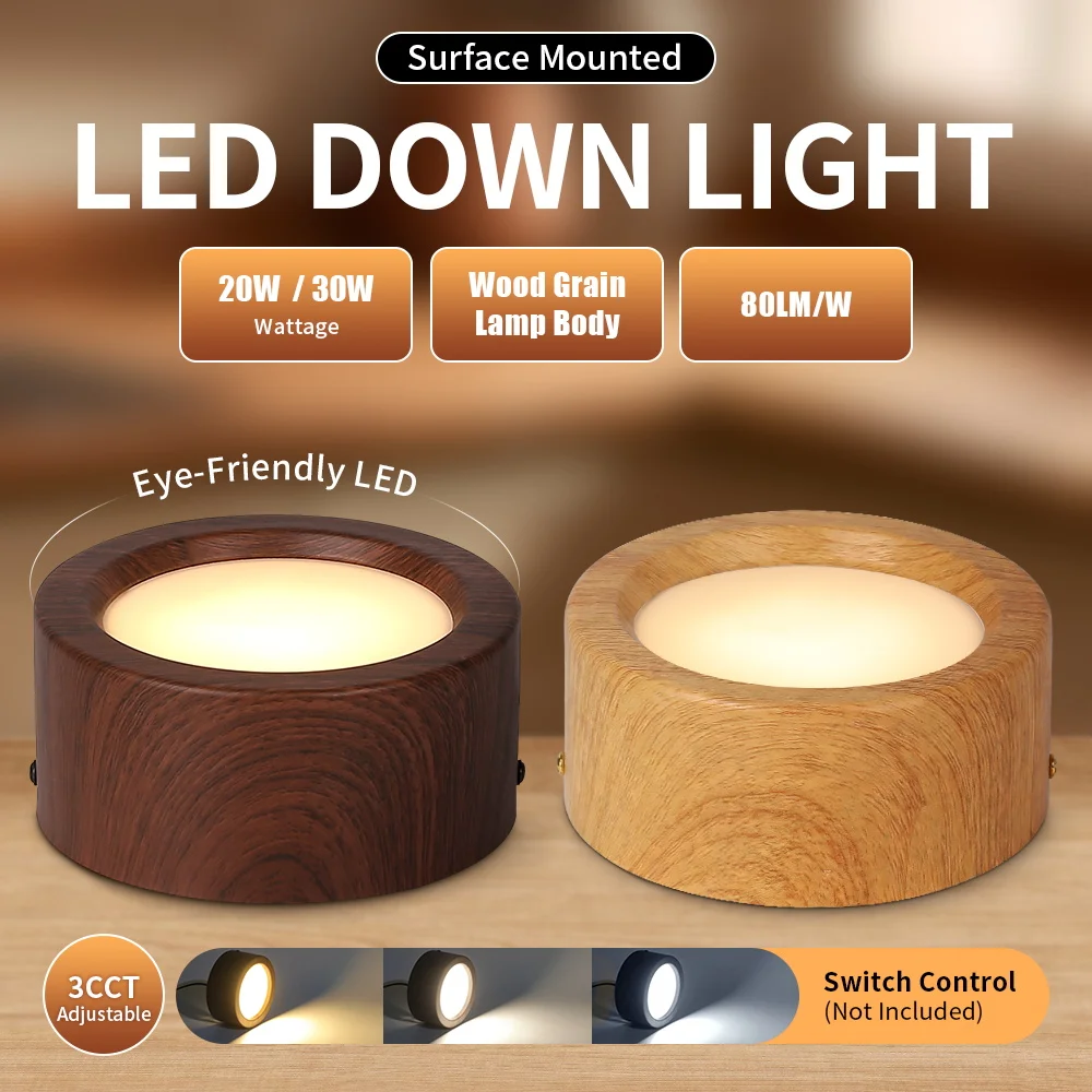 나무 LED 천장 조명 3색 메모리 기능 표면 장착형 다운라이트 침실 복도 패널 스포트라이트용 현대식 실내 램프