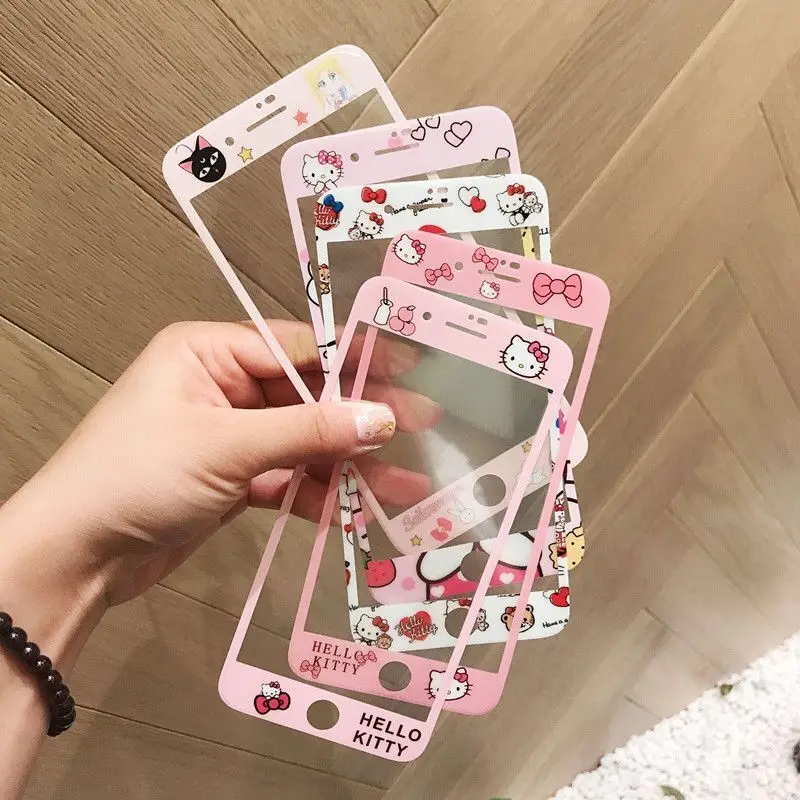 Pink Cute Girl Hello Kitty Cat Soft Edge Vetro Temperato Per Iphone 7 8 Plus Protezione Completa Dello Schermo Per Iphone 6 6S
