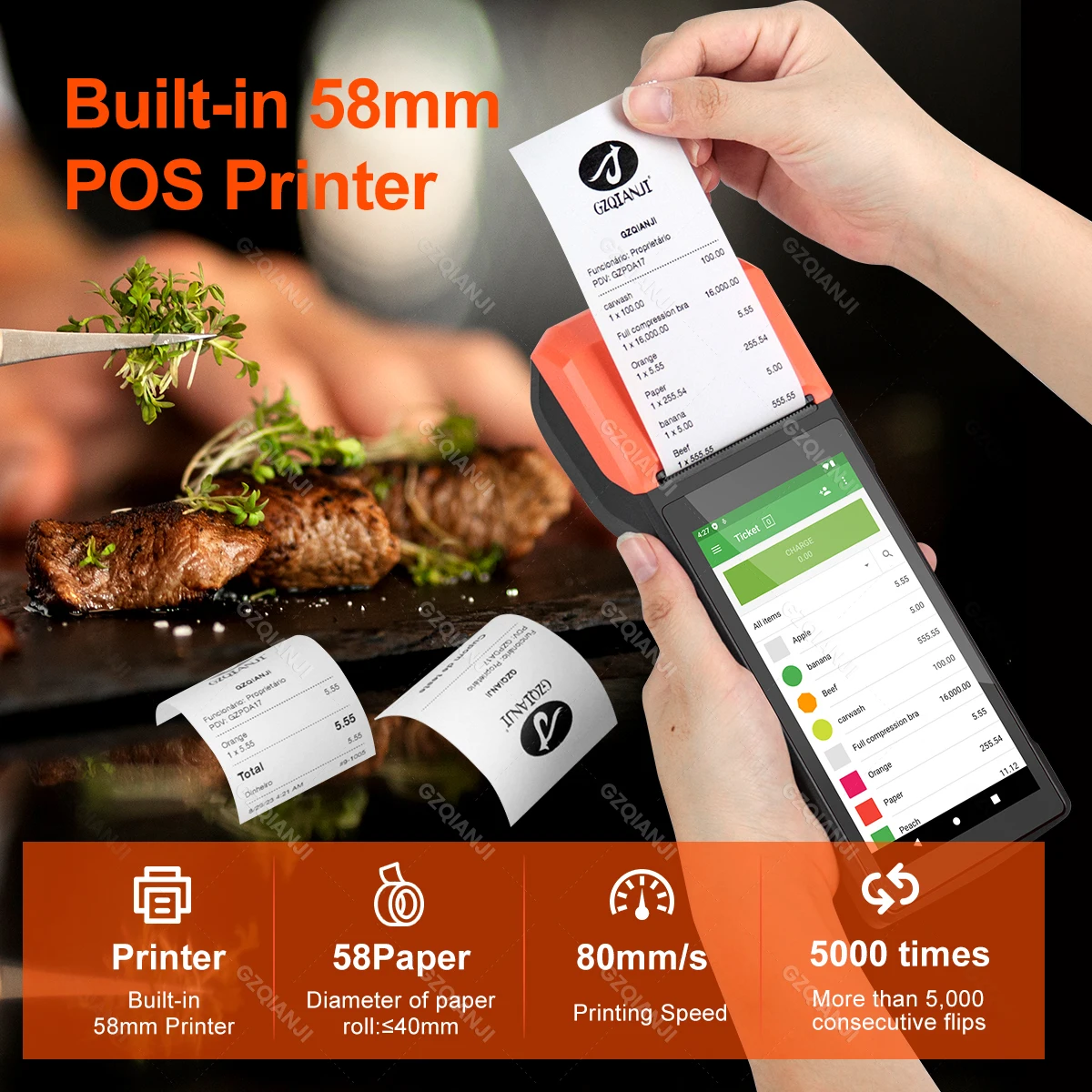 Handheld Android POS PDA Terminal 58mm Receipt Bill Thermal Printer All in one with NFC Camera 1D 2D Barcode Reader optional