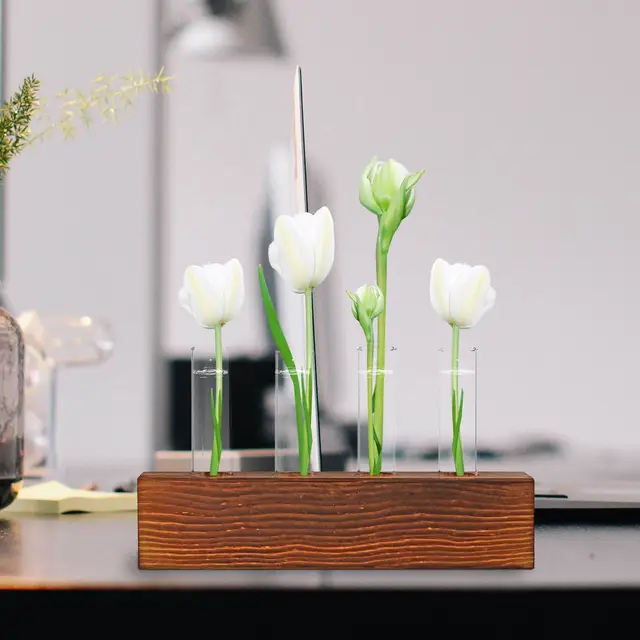 Növényüveg -Kémcső - Terrariumok Váza Faállványban | Virágcserépek Hidroponikus Növényekhez Asztali Dekoráció Kese Csőállomás 3 - Image 5