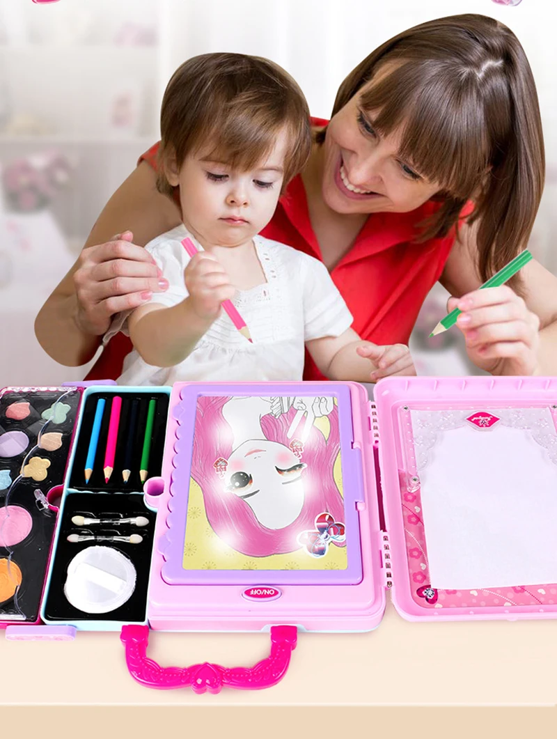 Girls Makeup Drawing Set Toys Multi-function LED Painting Colorful Make Up  Cosmetics Suitcase Toy Drawing Board for Girls Gifts