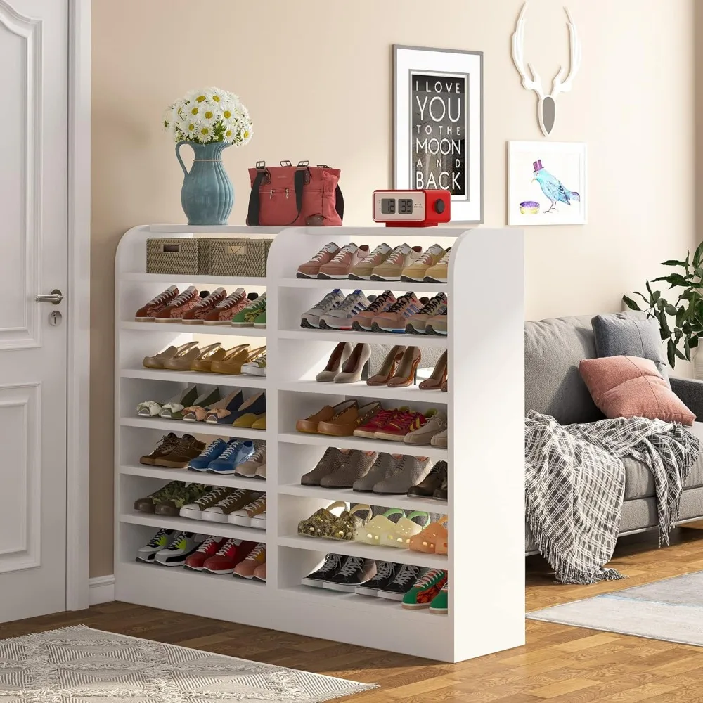 Shoe Rack, 8-Tier Tall Shoe Shelf, Wooden Storage Cabinet, White