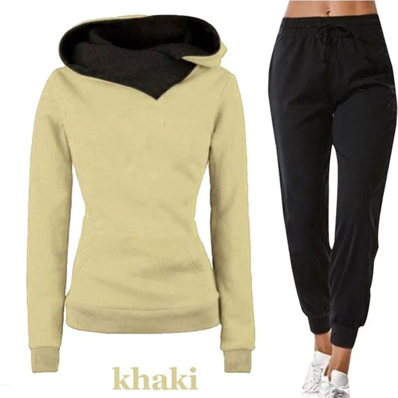 Autumn and Winter Women's Bicolor Hat High Collar Hoodie Set Solid Color Pullover Hoodie Long Sleeve+Sports Pants Sports Set