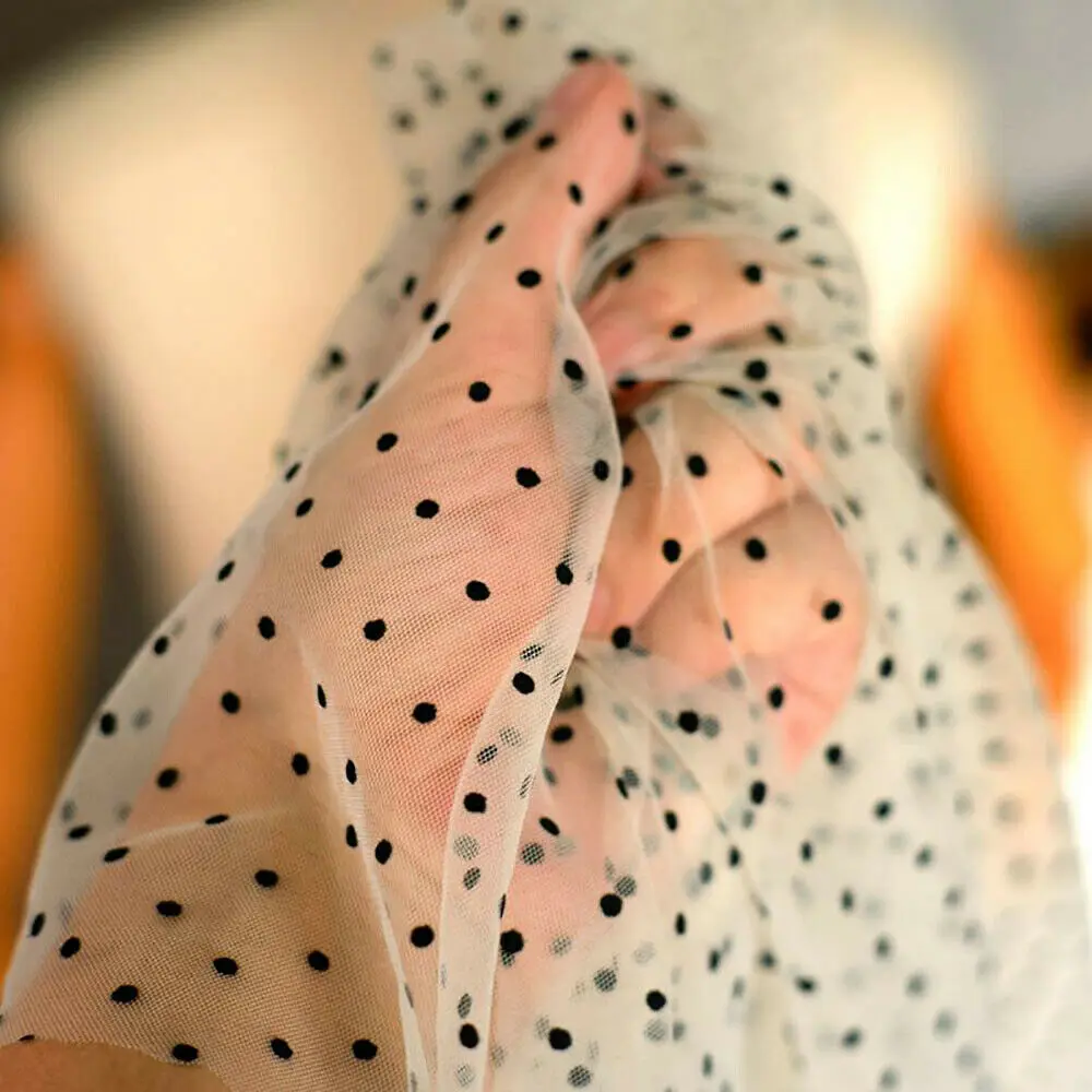 5mm Black Flocking Polka Dot Tulle Spotted Mesh Net Soft Stretch Fabric High Quality for DIY Handmade Craft Sewing Apparel Dress