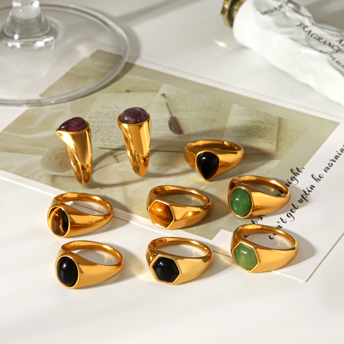 Vergoldetes Naturstein-Ringset für Damen, mehrfarbige Edelsteine, geometrisch, stapelbar, hypoallergen, Edelstahl, anlaufbeständig, Geschenk – Detail 16