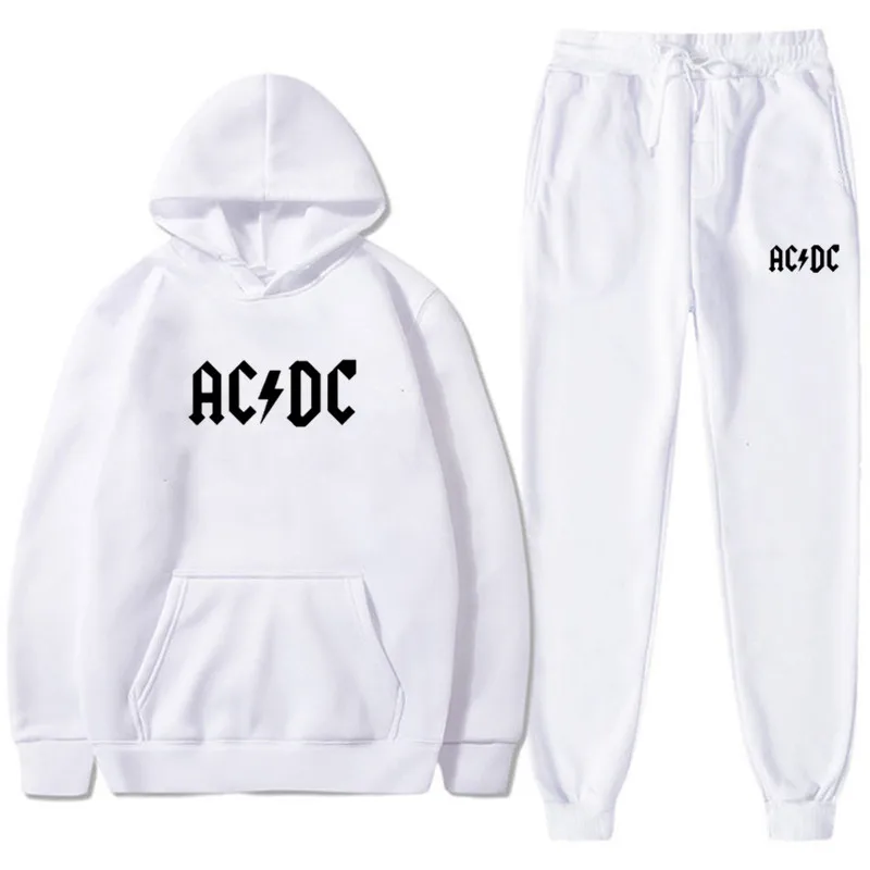 Hip Hop Streetwear AC DC Men's Women's Sweatshirt Sweatpants 2 Pieces Sets Fashion Casual Hooded Tracksuit Winter Men Clothing 2
