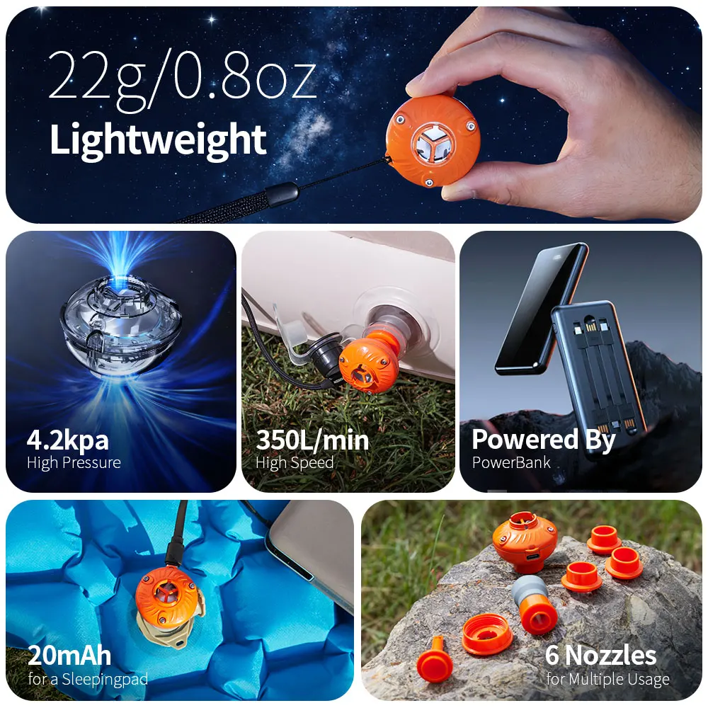 22g 미니 에어펌프 (슬리핑 패드 및 풍선용), 4.2kPa 350L/min 고속, USB 전원 펌프 캠핑용품 (에어 매트리스용)