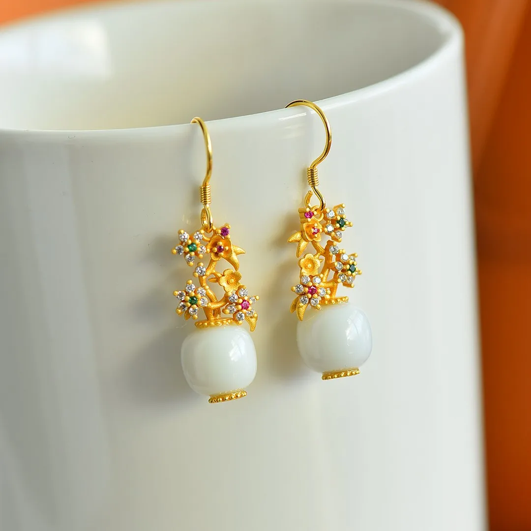 

2587-6# Sweet Lady Women Round Bead Flower HETIAN White Jade S925 Pure Silver Natural Nephrite Cheongsam Party Earrings