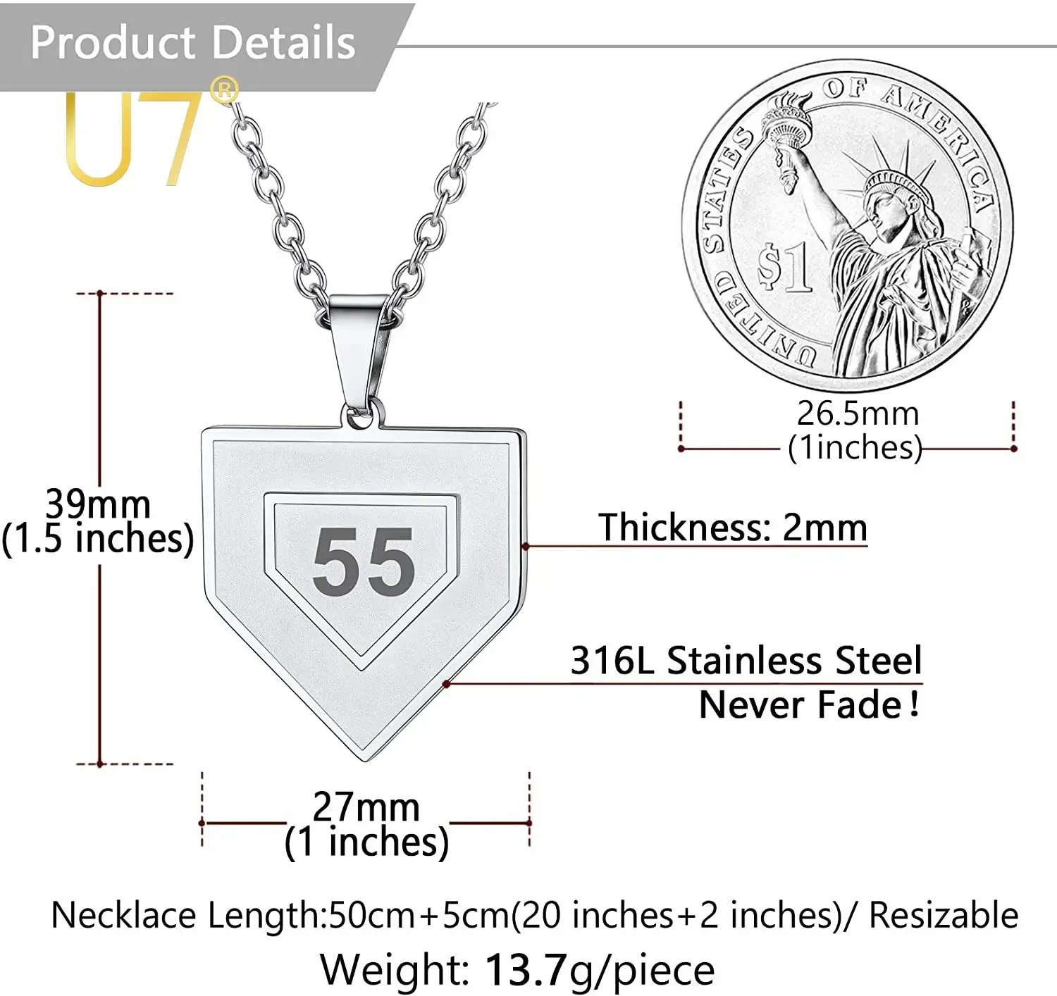 U7 Custom Stainless Steel Baseball Necklace Athelets Sports Fan