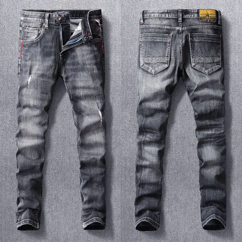 Italian Designer Fashion Men Jeans Retro Black Gray Slim Fit Stretch Ripped Jeans Men Vintage Trousers Casual Denim Pants Hombre men fleece jeans winter camouflage black pants fashion warm slim fit stretch denim trousers