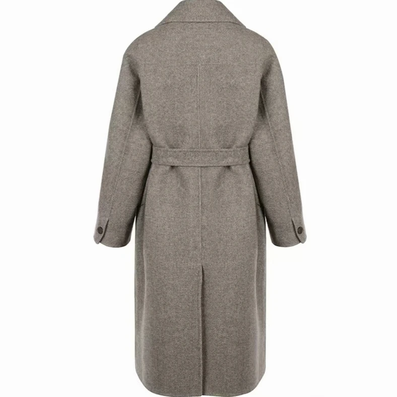 Faionable Commuter Woolen Coat with Belt Tweed Pattern Women's Thi Long Sve Mid-Length Coat Pure E-commerce Ss
