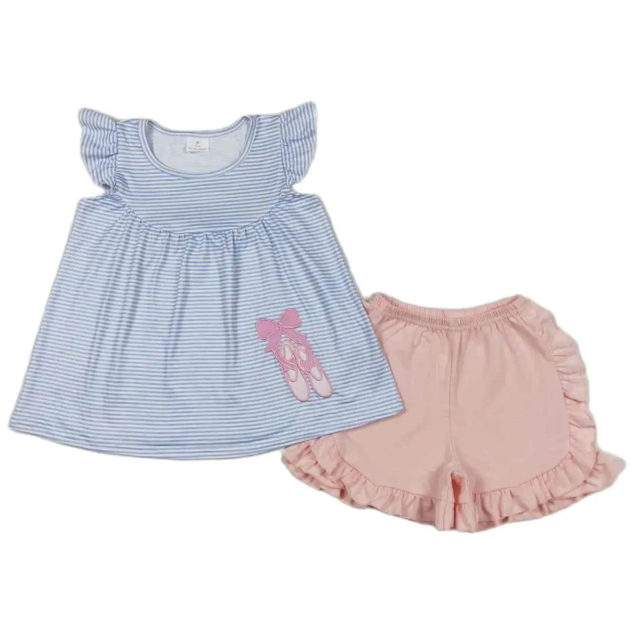 

Wholesale Kid Children Short Sleeves Embroidery Tunic Stripes Outfit Toddler Pink Cotton Shorts Summer Baby Girl Two Pieces Sets