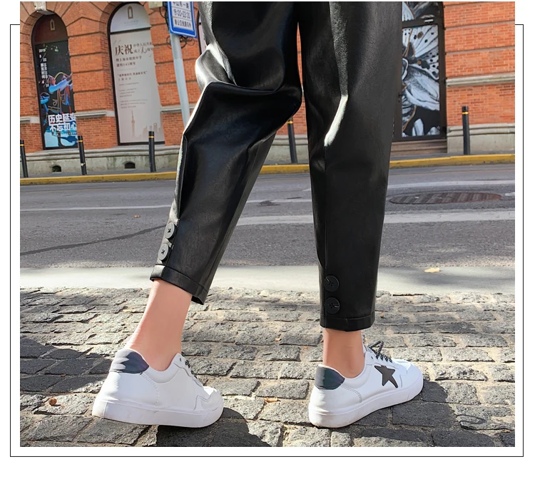 Black Faux Leather Pants Female PU Elastic Waist Harem Pants New 2023 Fall Winter Streetwear Plus Size Solid Chic Trousers Women