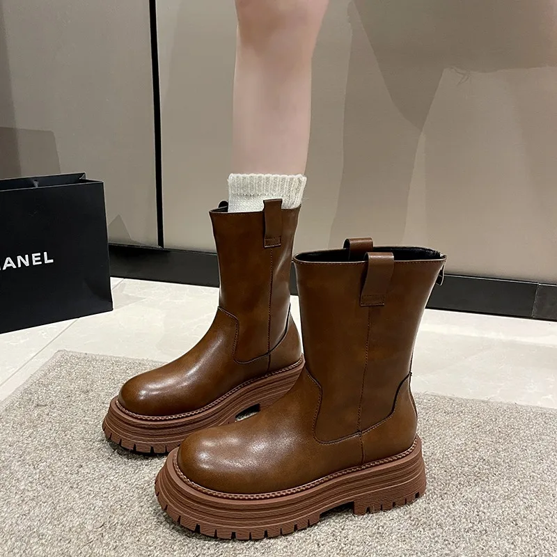 2023 New Ladies Shoes Back Zip Women's Boots Fashion Solid Casual Boots Women High Quality Round Toe Mid-Calf Shoes Female