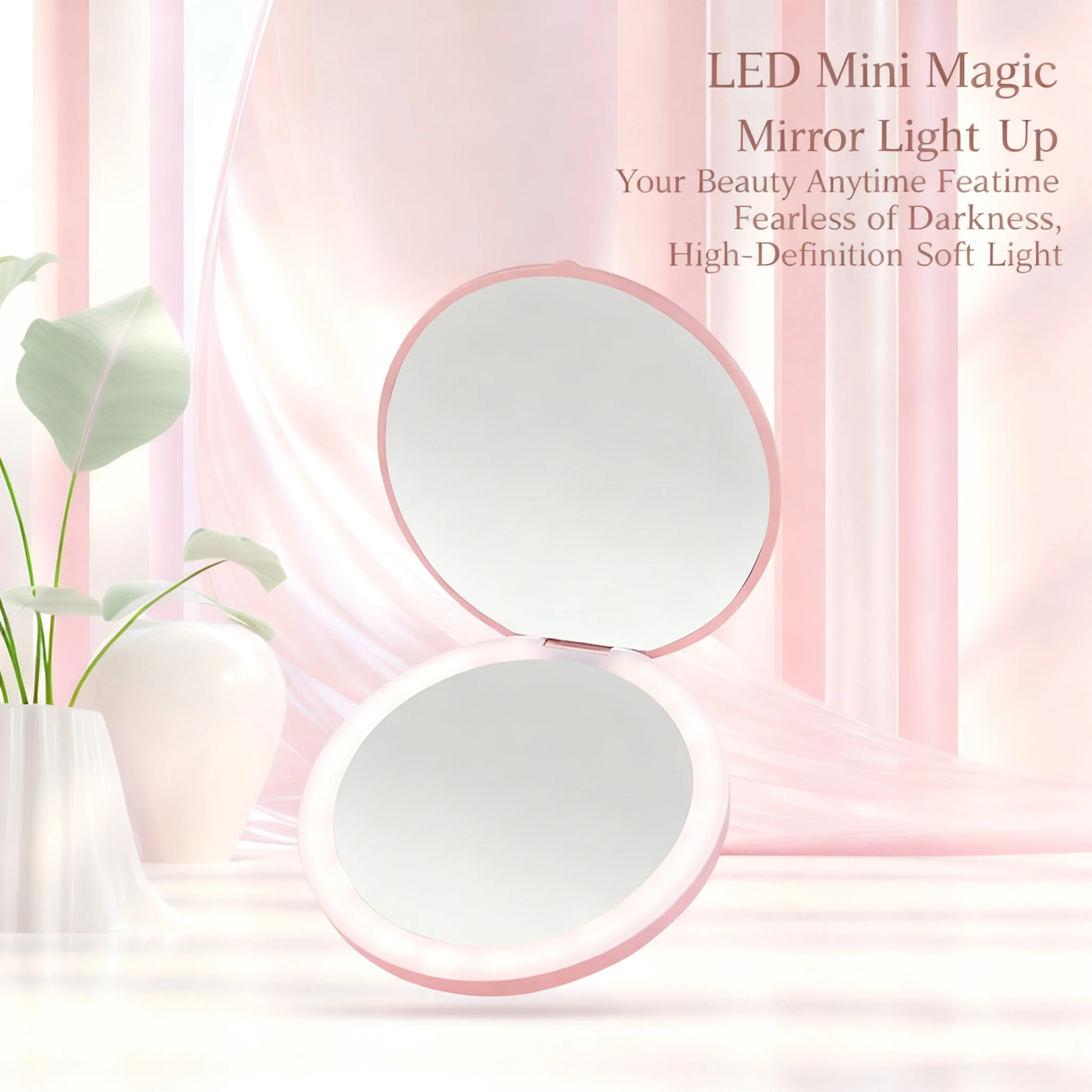 Mini LED Luminous Makeup Mirror Round Portable Foldable Small Compact Mirror with Light USB Handheld Makeup Lighted