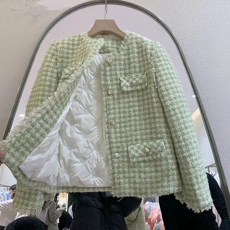 

Korean Fashion White Duck Down Liner Tweed Jacket Women Elegant Round Neck Vintage Coat Ladies Fall Winter Long Sleeve Outwear