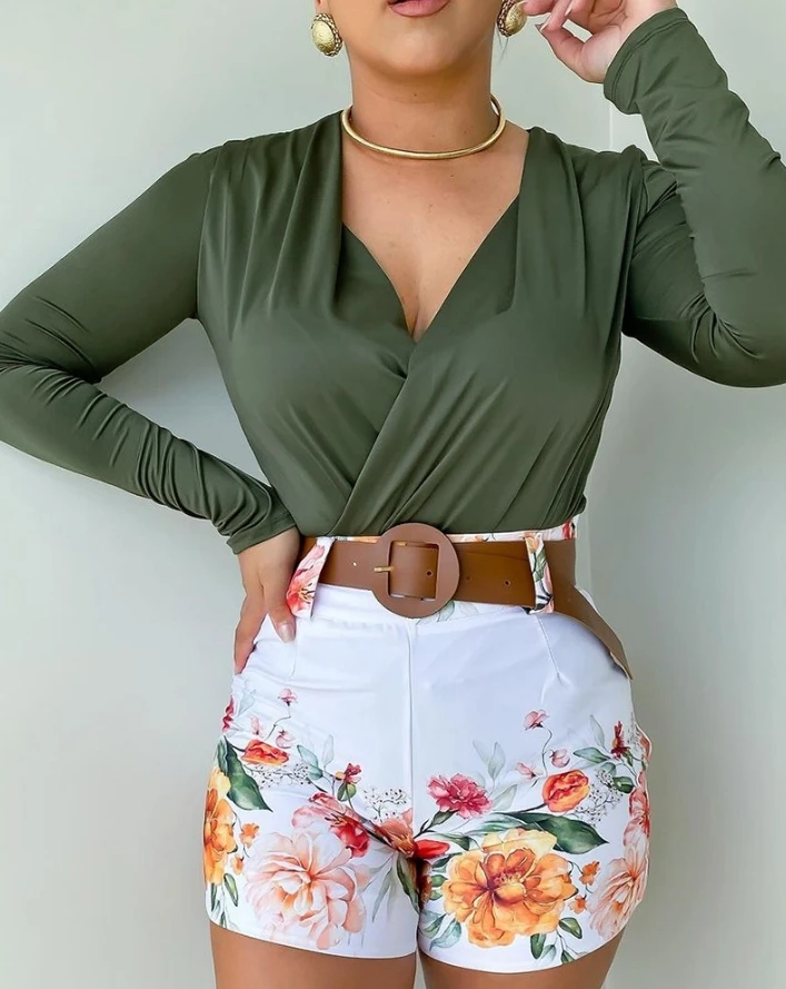 Women Fashion Suits 2024 Spring/summer Latest Casual Commuting Open Front Floral Print Long Sleevetop&daily Vacation Shorts Set