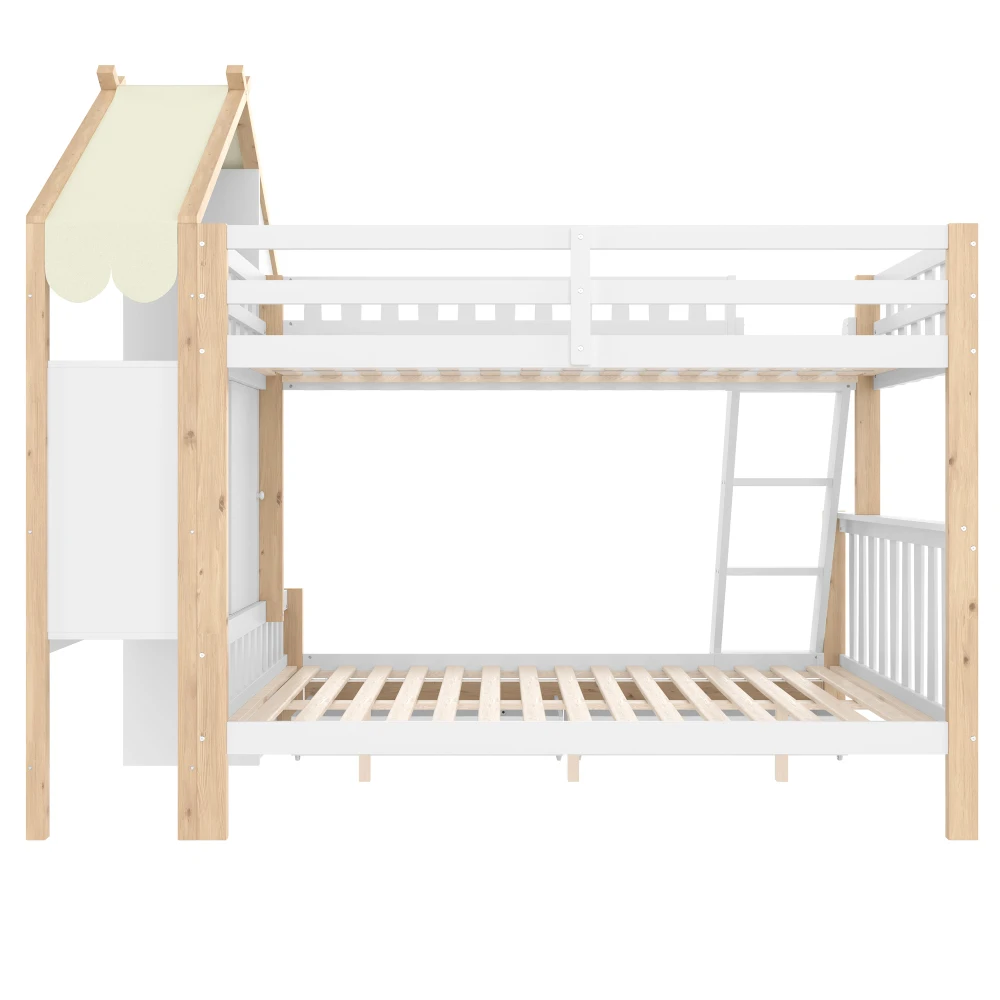 Bunk Bed 90x200cm +140x200cm with Bed Grid Storage Guide House Rail & 2 Drawers-Irregular Fence Design ( Without Mattress )