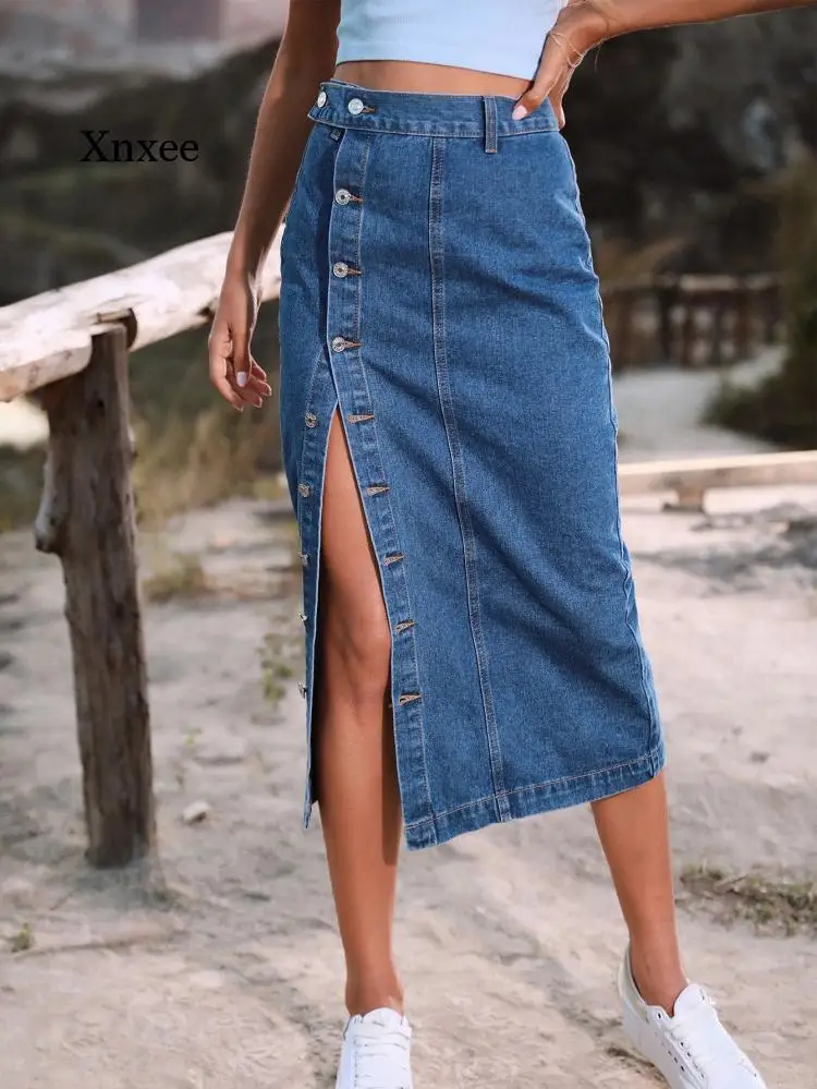

2023 New Women's Denim Skirt with Button Fashion Irregular Split High Waist Long Skirt