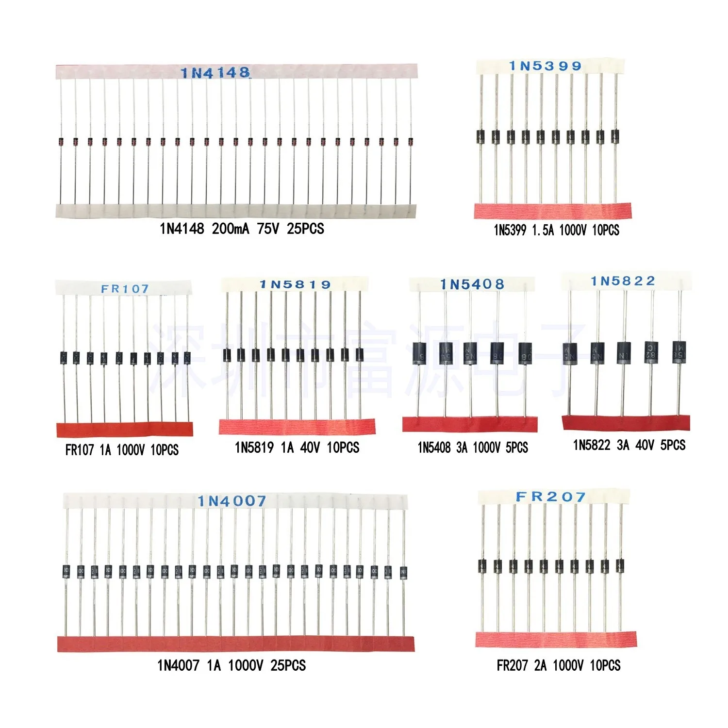 8 Kinds: A Total of 100 Commonly Used Diode Sample Packs 1N4148 4007 5819 5399 5408 5822, Etc 3000pcs 5000pcs rectifier diode 1n4148 1n4001 1n4004 1n4007 uf4007 1n5817 1n5819 1n60p db3 rl207 1n5399 sf18 fr104 fr107 fr157