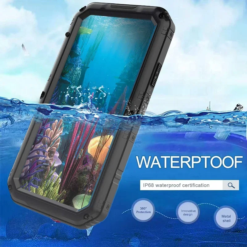 Heavy Duty Military Waterproof Metal Case for iPhone 14 13 12 11 Pro Max XS X XR 8 7 6s Plus Shockproof Dustproof Rugged Cover