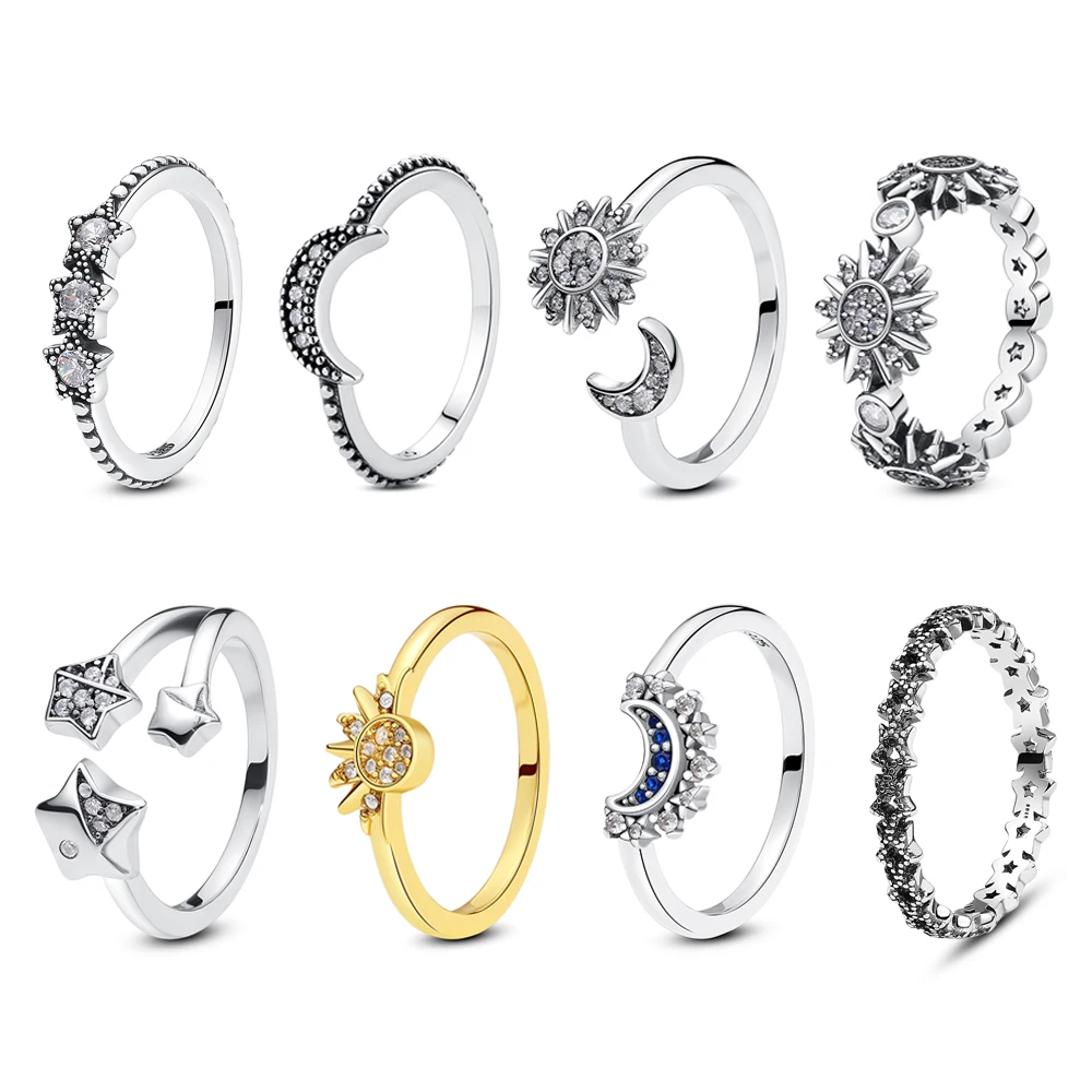 925 Sterling Silver Ring For Women Sun Moon Stars Pave Crystals Stacking Wedding Engagement Jewelry