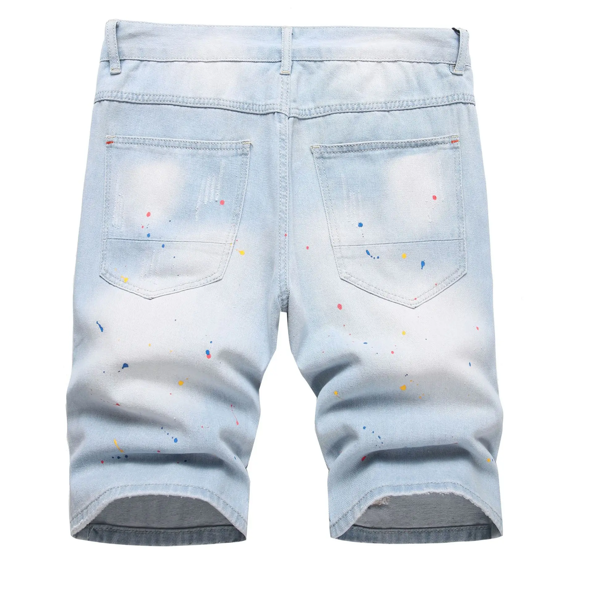 Summer Perforated Denim Shorts Men's Speckled Ink Paint Scratched Midrange Pants Jeans Print Gradient Plaid Fabric Inner Fit 024