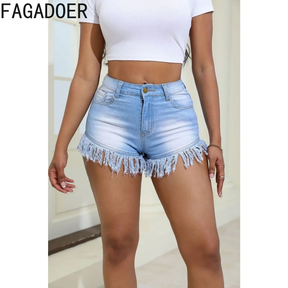 FAGADOER Light Blue Summer Denim Tassels Skinny Shorts Women High Waisted Button Pocket Slim Shorts Female Solid Cowboy Bottoms