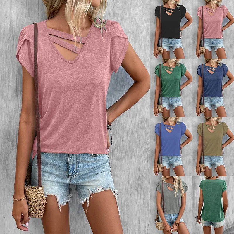 

Women's Summer T-Shirt Fashion Casual Short Sleeve Ladies Tops Solid Color V-Neck Oversized Shirts Female