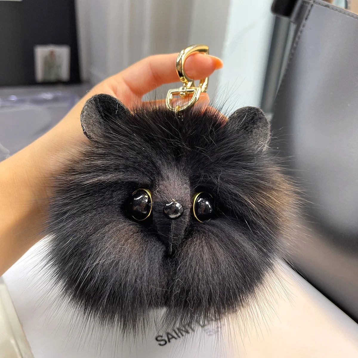 2024 Real Fox Fur Keychain Natural Plush Pom-Pom Ball Women's Bag Pendant Luxury Car Key Ring Metal Pendant Cute Cat Girl Gift