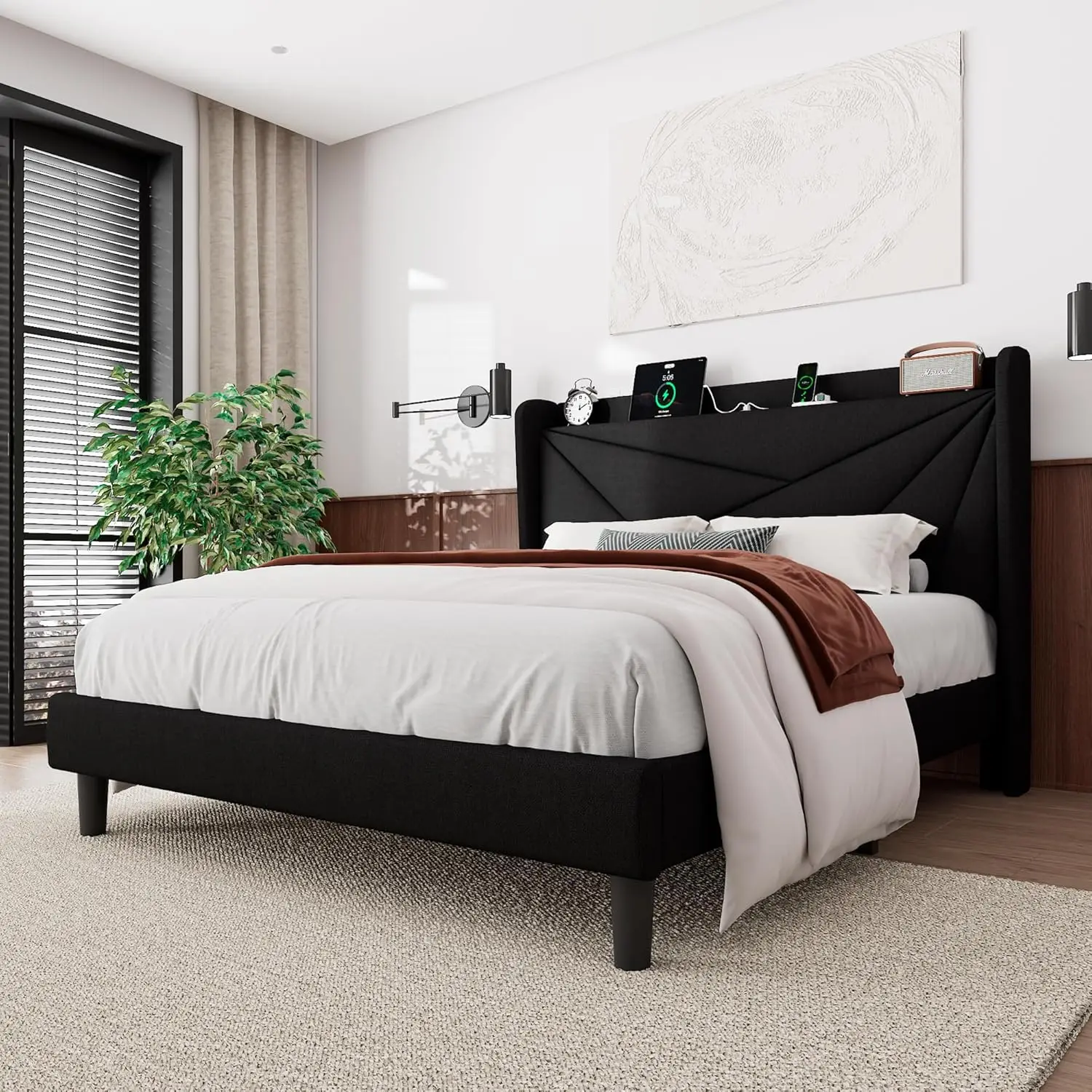 Queen Bed Frame with Charging Station, Upholstered Platform Bed Frame with Wingback Storage Headboard, Solid Wood Slats Support 3
