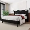 Queen Bed Frame with Charging Station, Upholstered Platform Bed Frame with Wingback Storage Headboard, Solid Wood Slats Support 3