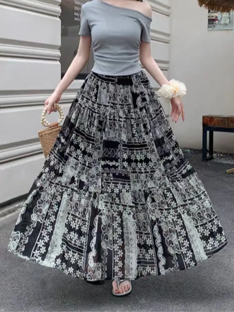 Vintage Floral Print Chiffon Skirt High Waist A-Line Midi Skirt for