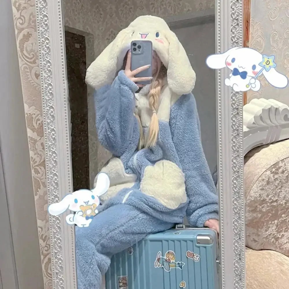 Kawaii Cinnamoroll Women Plush Pajamas Suit 2Pcs Winter Hooded Home Clothes Cartoon Thickened Homewear Girls Household Clothes women plush pajamas