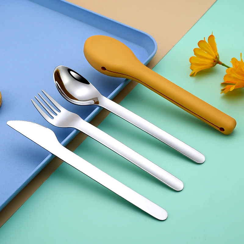 304 Stainless Steel Camping Picnic Portable Tableware Set Travel Cutlery Silicone Case Reusable Portable Case