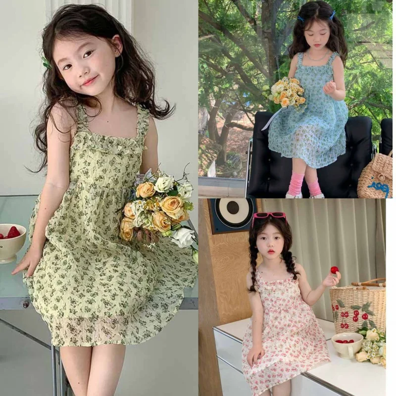 

Girls' Dress New Summer Western Style Chiffon Floral Slip Dress Vest Dress Children One Piece Dropshipping