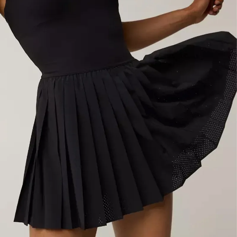 Tennis Yoga Dress Summer Women Yoga Sports Tennis Skirt Ladies Cross Exposed Back Pleated Dresses with Chest Pad Sportswear