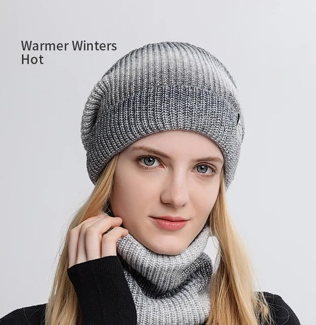 Women's Winter Hat Beanie Scarf Set Gradient Color Plush Knitted