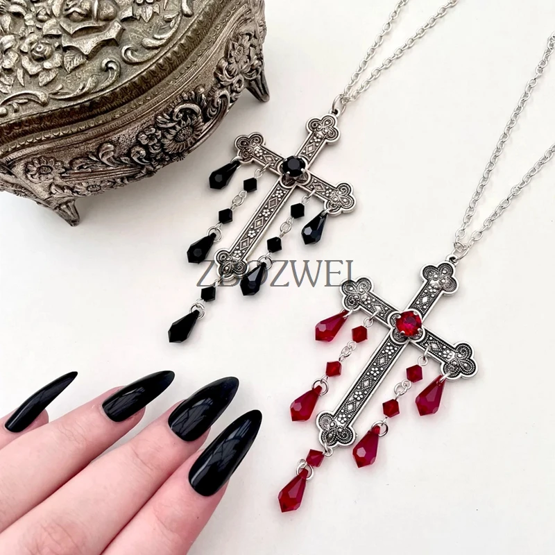 Grande Collana con Pendente Gesù Cristo Crocifisso Croce con Zirconi, Uomo Donna Ciondolo Croce, Acciaio, 75CM Catena