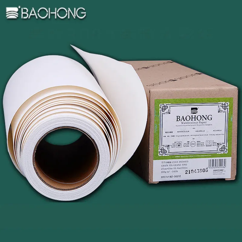 

BAOHONG Watercolor Paper 300g Natural White 100% Cotton 14.6in*394in (37cm*10m) Profissional Long Rolling Paper Cold Press Rough