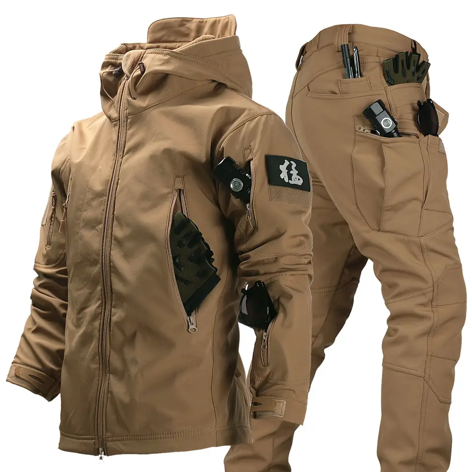 冬用屋外作業セット メンズフィールドトレーニングジャケット 多ポケットフリースカーゴパンツ タクティカル防水キャンプトラックスーツセット S68f868abd10b4151bde0df2073606