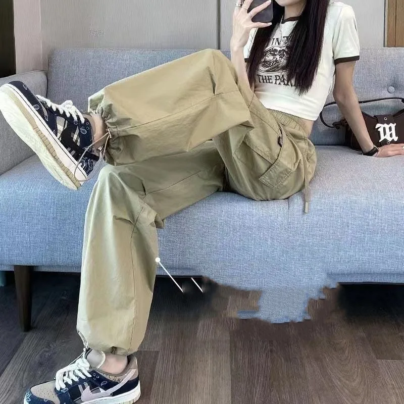 Spring Autumn Bandage Women's Pockets Elastic Solid Drawstring Button High Waisted Workwear Wide Leg Vintage Trousers Pants