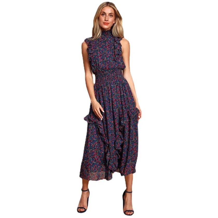 

2023 Summer Back Button Sleeveless Round Neck Floral Print Elastic Waist Ruffle A-Line Midi Dress Women Vintage Retro Clothes