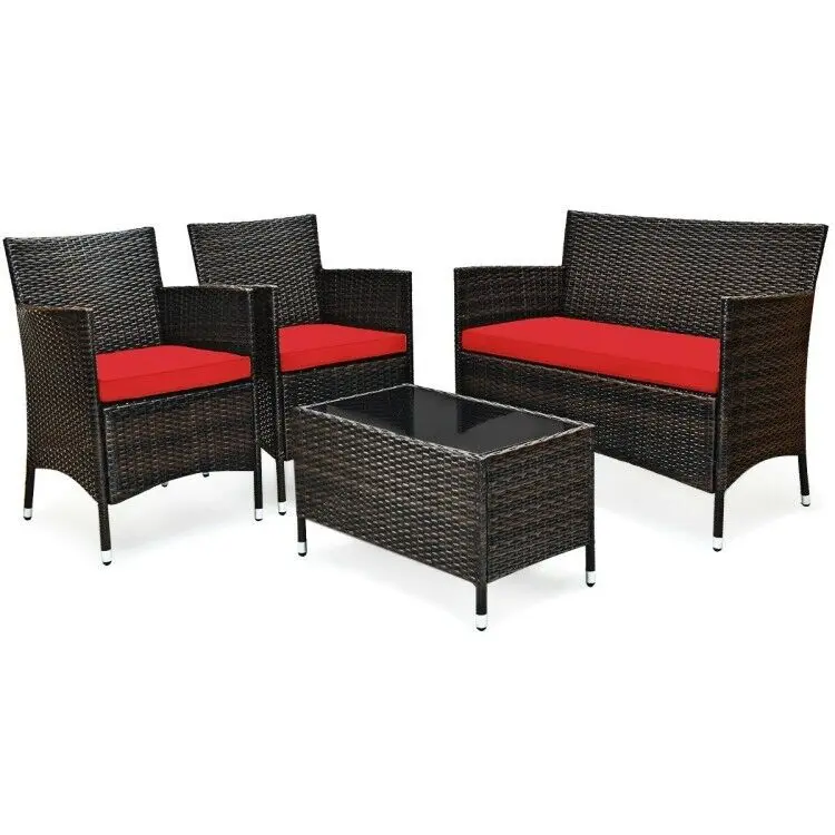 

Patio Wicker Furniture Outdoor 4Pcs Rattan Sofa Garden Conversation Set Black