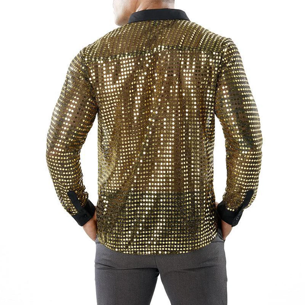 Retro 70s Disco Nightclub Shirts  Men's Sparkly Sequins Party Dance Tops  Long Sleeve  Shiny Silver/Gold/Black