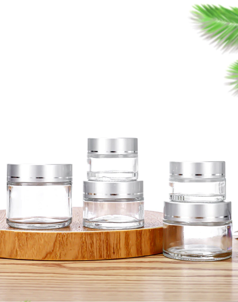 10pcs/lot Glass Cream Jar Bottle 5g 10g 20g 30g 100g Empty Container Cosmetic Jar With Silver Lid Nail Arts Small Clear Can Tin 5