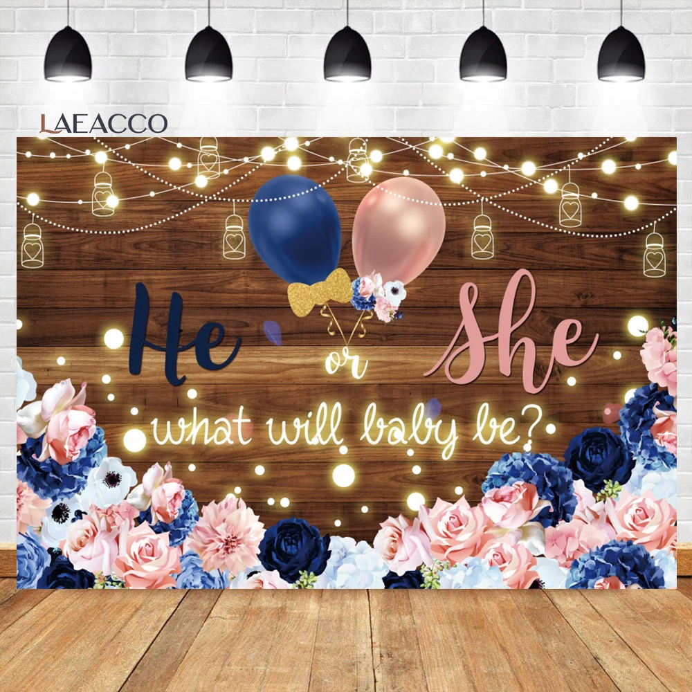 

Laeacco He or She Gender Reveal Photography Backdrop Wood Board Watercolor Pink Floral Balloons Baby Shower Portrait Background