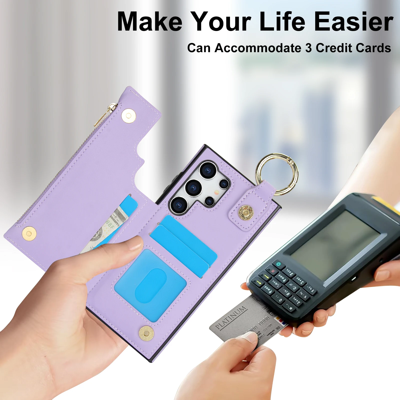 Ring Holder Zipper Cards Solt Leather Wallet Case For Samsung Galaxy S24 Ultra S23 Plus S22 S21 FE A55 A15 A35 A25 A14 A54 Bag_voghion.com