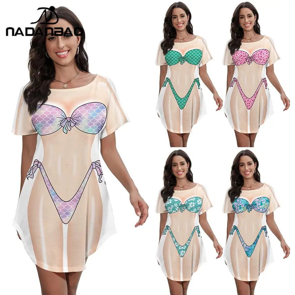 Nadanbao Mermaid Bikini Body Print Cover Up Dress for Women Summer Baggy Dress Funny Pattern Swimwear Short Sleeved Beach Shirt