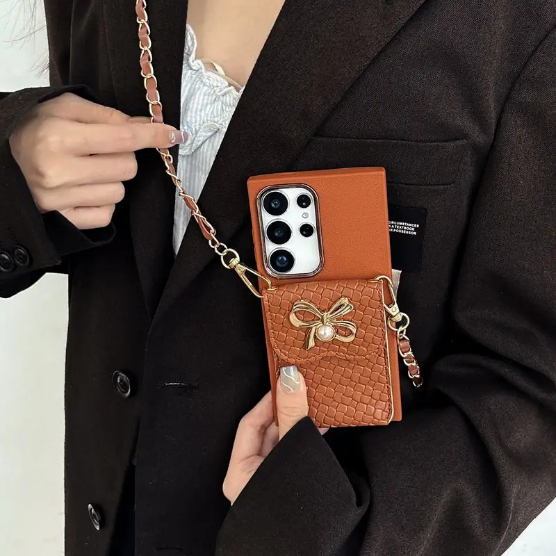 Elegant Chain Lanyard Leather Pearl Wallet Phone Case with Soft Cover